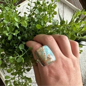 Laguna Lace Agate Large Unique Blue Brown Stone Ring Sterling Silver Plated